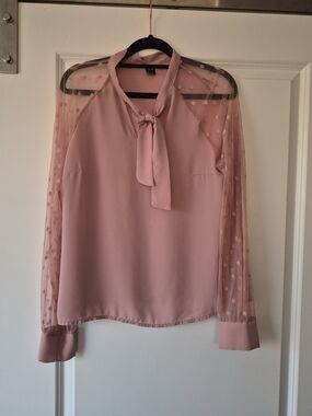 Tie-Neck Blouse with Sheer Polka-Dot Sleeves